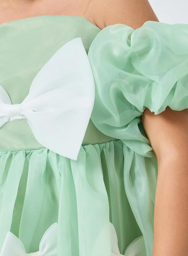 Take Two  Girls Green Puff Sleeve Bow Detail Dress for Women | Best Price UAE